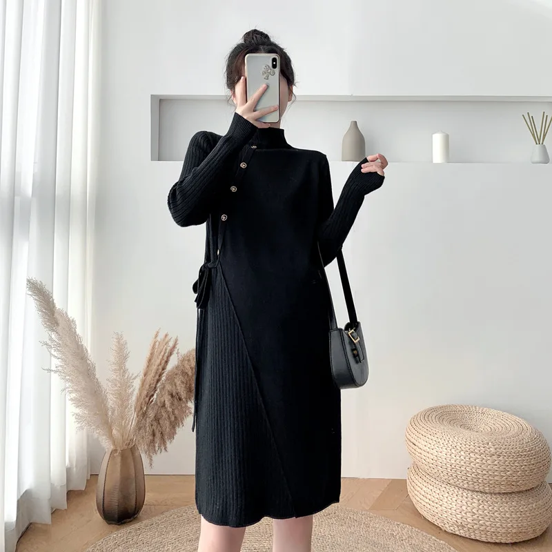 Autumn Winter Thick Warm Knitted Maternity Long Sweaters A Line Slim Dress Clothes for Pregnant Women Fashion Pregnancy