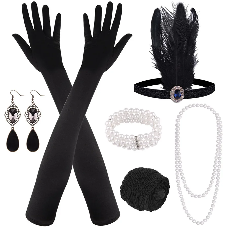 1920s Flapper отличный набор аксессуаров Gatsby модный ревущий 20 тематический с повязкой на голову черные перчатки ожерелье серьги