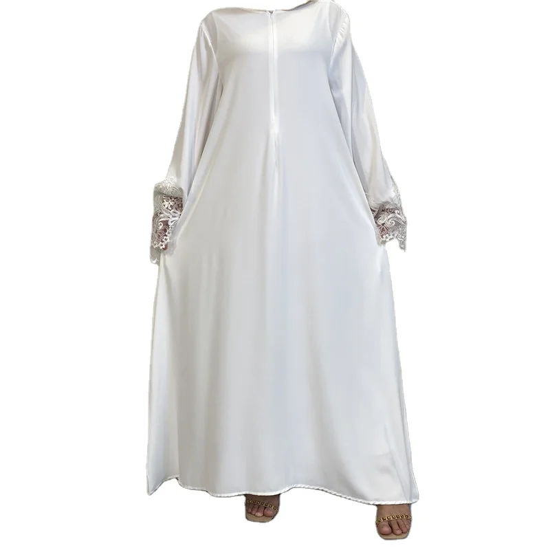 New Spot Muslim Middle Eastern Indian Ethnic Style Pure Color Band Flower Lace Zipper Dress