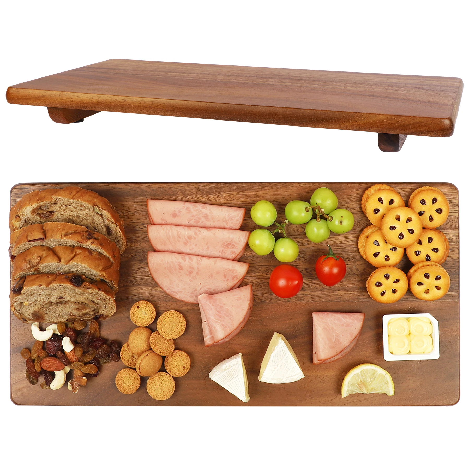 XH 2 Pack Footed AcaciA Charcuterie Boards Wooden Cutting Boards,Party Serving Tray and Platters, Wood Riser Tray Pedestal Stand