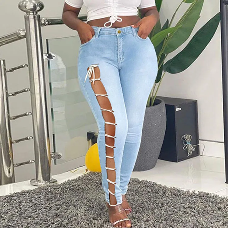 2021 Women Sexy Popular High Waist Bandage Pierced Design Plus Size Patchwork Denim Pants & Jeans
