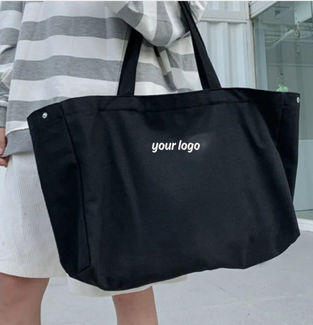 Wholesale Small MOQ black large capacity eco-friendly 12OZ thick reusable cotton custom logo print tote canvas shopping bag