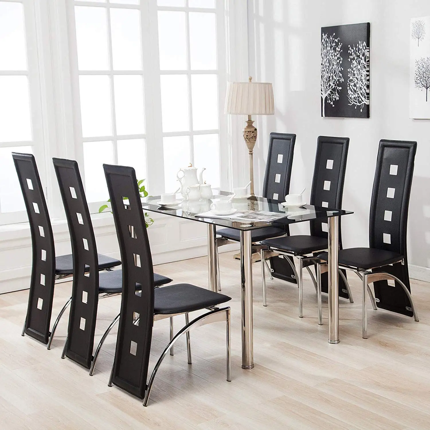 Rectangle dining table sets modern mirrored dining table set tempered glass  meja makan set dining table 7 pieces together