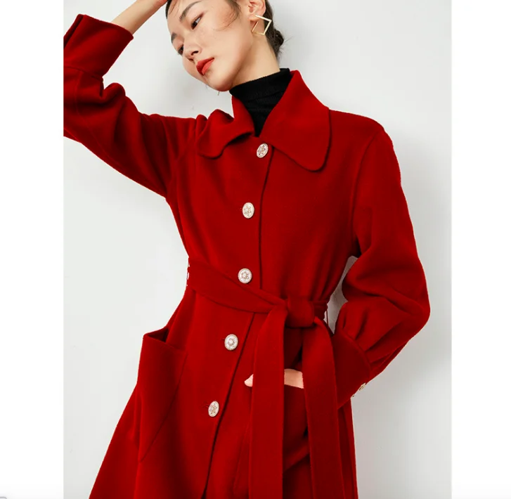 Hot selling long winter ladies wool coat double breasted peacoat trench overcoat wool coats women
