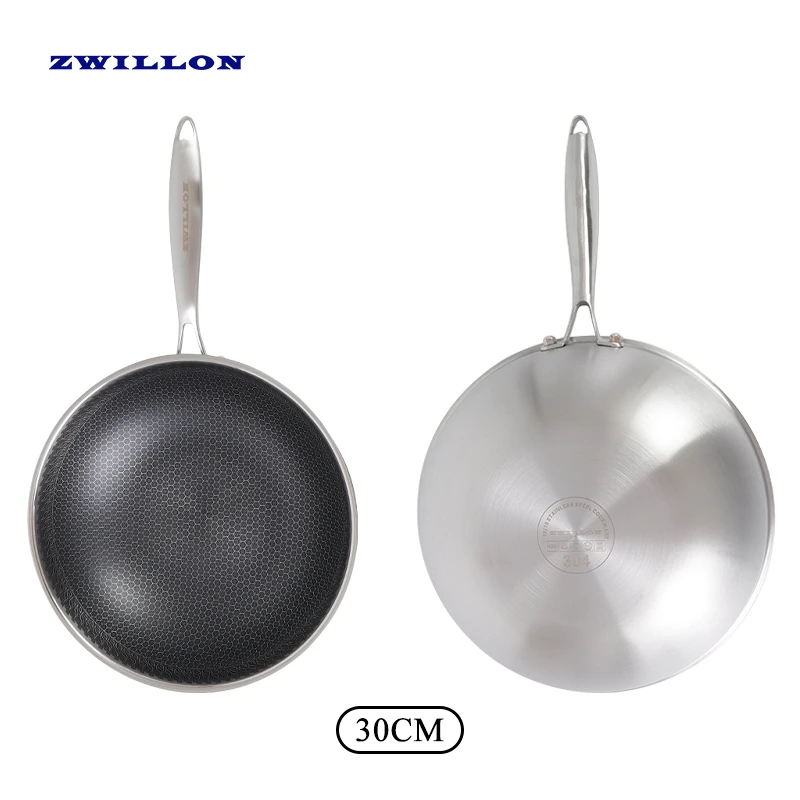 ZWILLON Chinese Wok cookers large cooking 30CM/32CM commercial Easy to clean Insulation stainless steel honeycomb wok