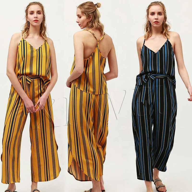 
custom 2021 summer fashion stripe printing suspender leisure women 2 piece vest flare pants 