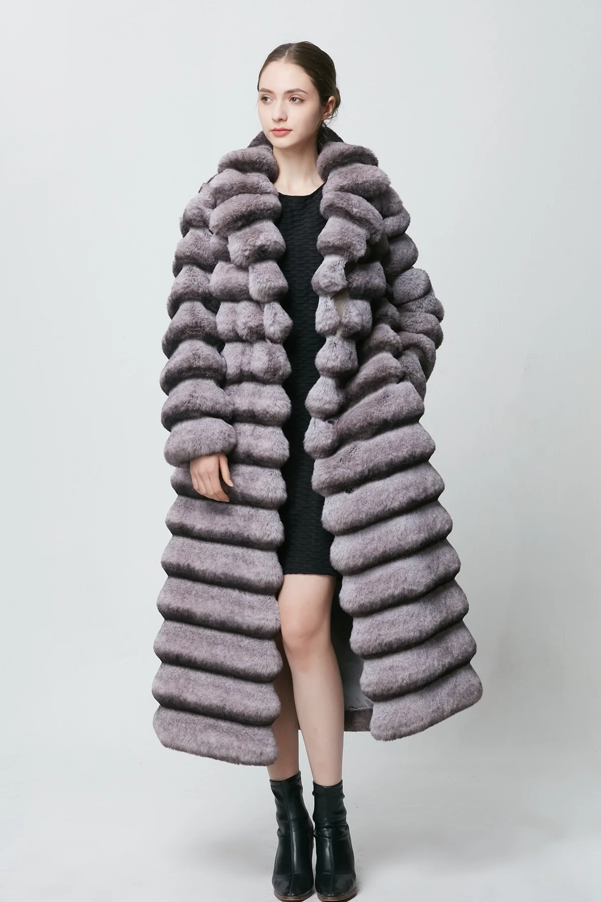 Elegant Turn Down Collar Vintage Large Long Faux Rabbit Fur Chinchilla Trench Womens Faux Fur Coat