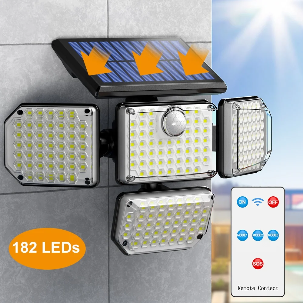 Solar Powered PIR Motion Sensor Wall Lamp 4 Heads 270 Degree Rotating Outdoor IP65 Remote Control Floodlight Security Light