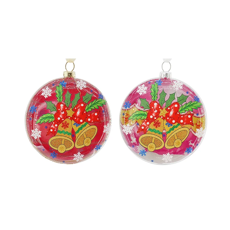 Wholesale Christmas Ornaments Two-Sided Christmas Bell Pattern Glass Flat Ball For Xmas Tree Home Decorations