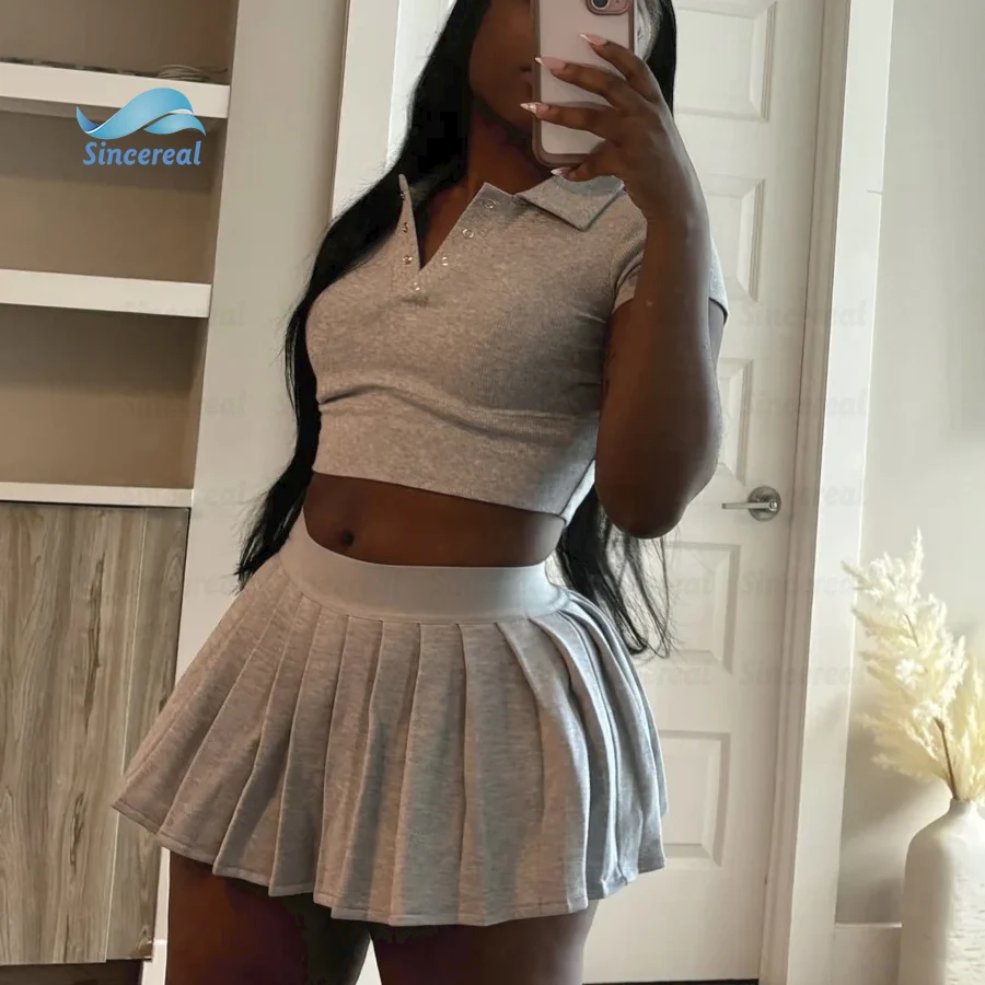 Custom y2k summer Tennis Sports rib crop top tshirt and Mini Pleated skirt women Loungewear Sets 2 piece set