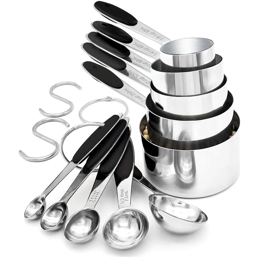Custom stainless steel metal Kitchen cooking Measuring Cups and Spoons Set silicone handle . spoon cup of 6 30ml 250ml 5ml 2.5ml