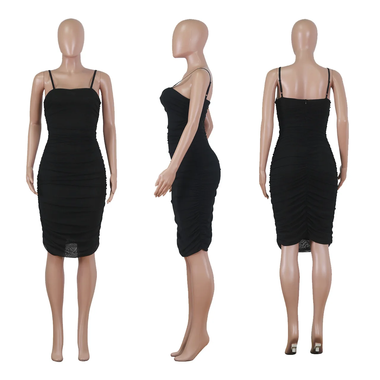 Women Sexy Women Clothing Mesh Spaghetti-Strap See-Through Pleated Dress