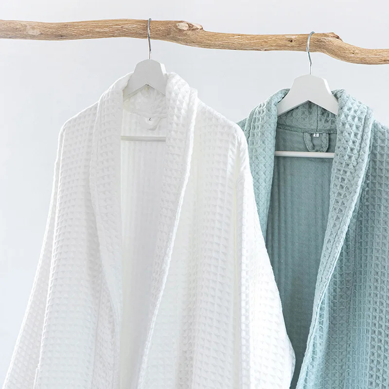 100%Cotton Waffle Kimono Robes Unisex Lovers Soft Bath Robe Men&Women Nightrobe Sleepwear Male Casual Home Bathrobe