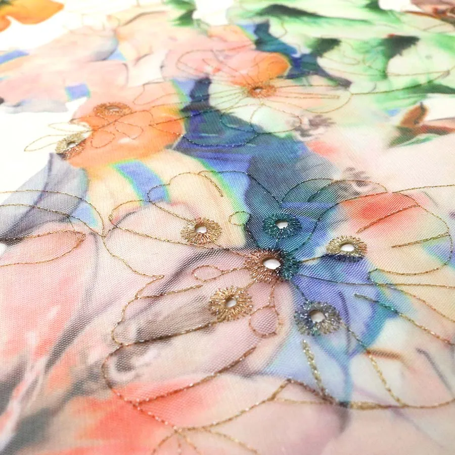 Bright Colorful Multi Metallic Yarn Embroidery Lace Tulle Printed Eyelet Fabric for  Party Wear Dresses