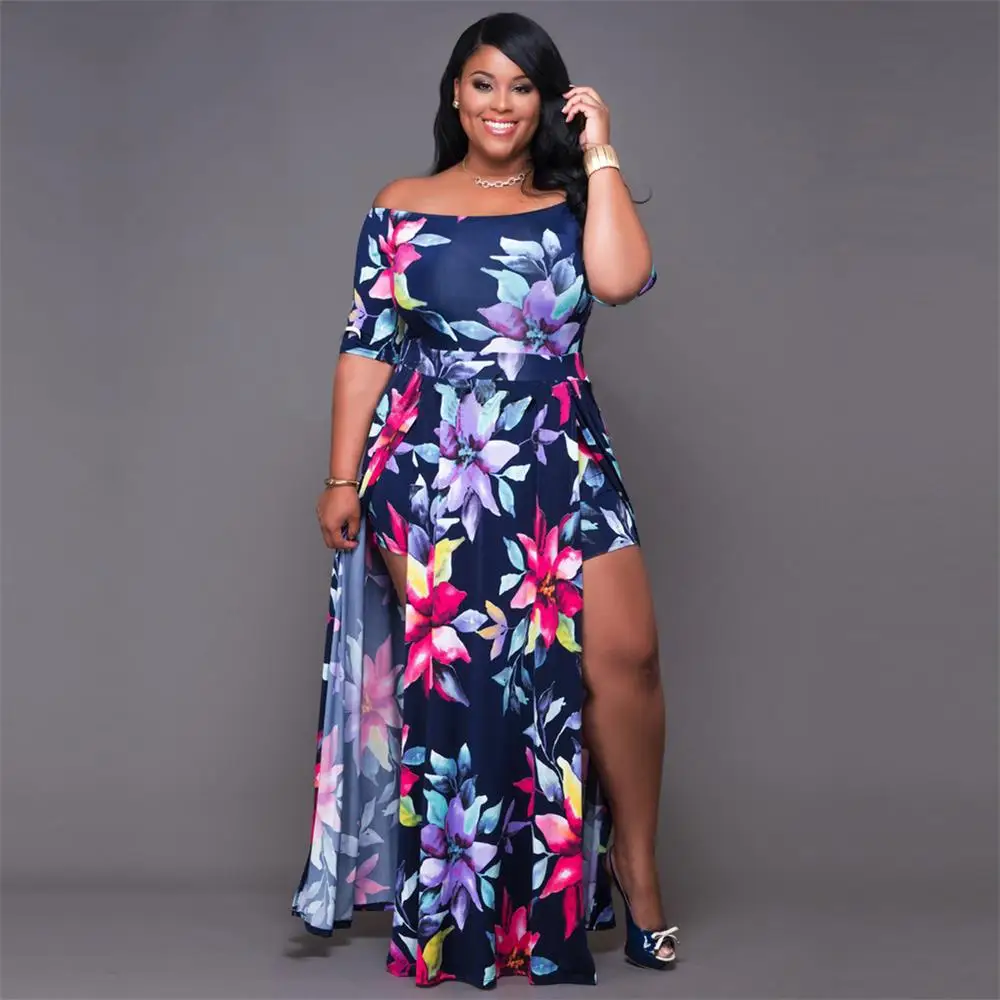 New Arrive Spring Fall Women Clothing Plus Size Floral Layered Ruffle Off Shoulder Dress