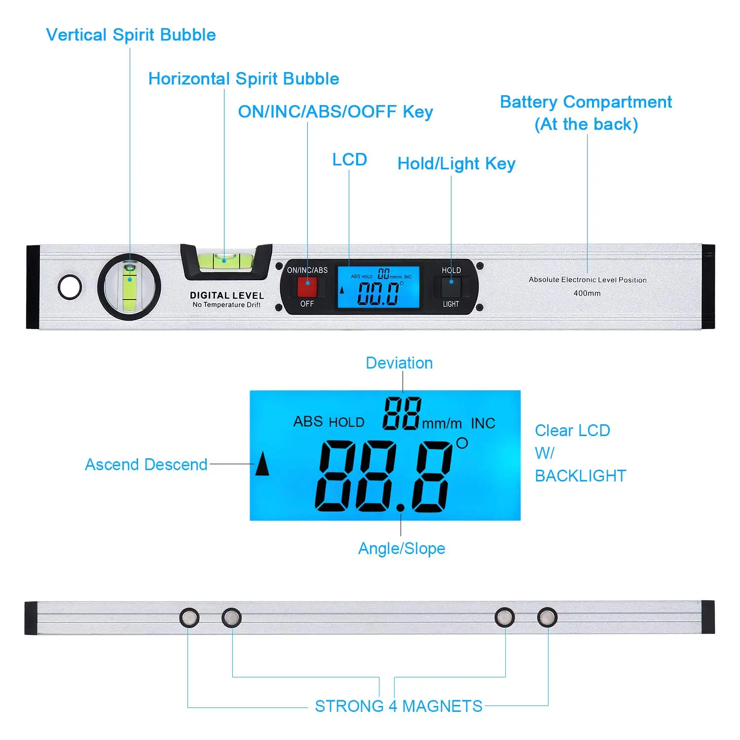 16-inch Digital Spirit Level and Protractor, Torpedo Level, Inclinometer Angle Gauge Finder Bubbles Magnetic Base with Backlight