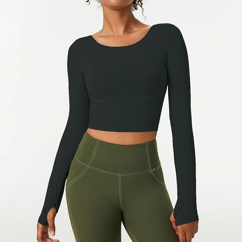 Custom Women Long Sleeve Workout Wear Gym Fitness Beautiful Back Seamless Crop Top Removeable Cup Yoga Sports Bra T Shirts