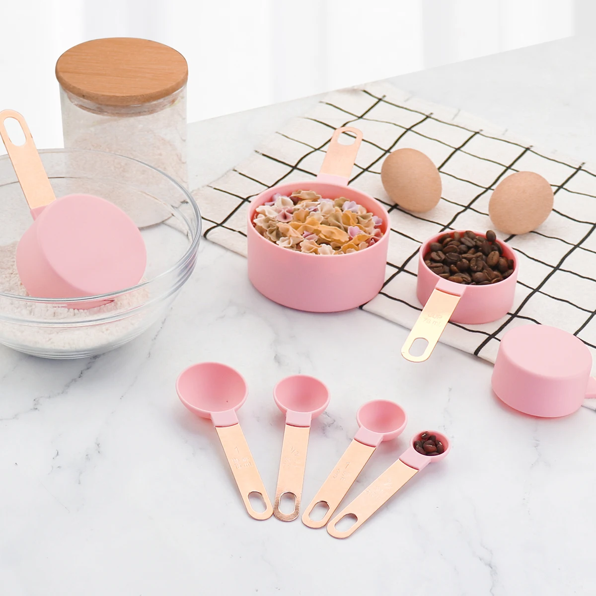 Kitchen Baking Tools 8 Piece Stainless Steel Rose Gold Handle Plastic Measuring Cups and Measuring Spoons Set