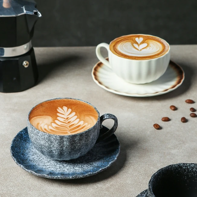 Wholesale Durable Modern Printed Espresso Tea Mugs Ceramic Coffee Mug Cups and Saucers Plate Set