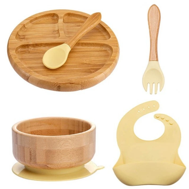 Manufacturer Factory Baby Led Weaning Set 5PCS Silicone Bib Baby Wooden Bowl Suction Plate Bamboo Baby Feeding Set
