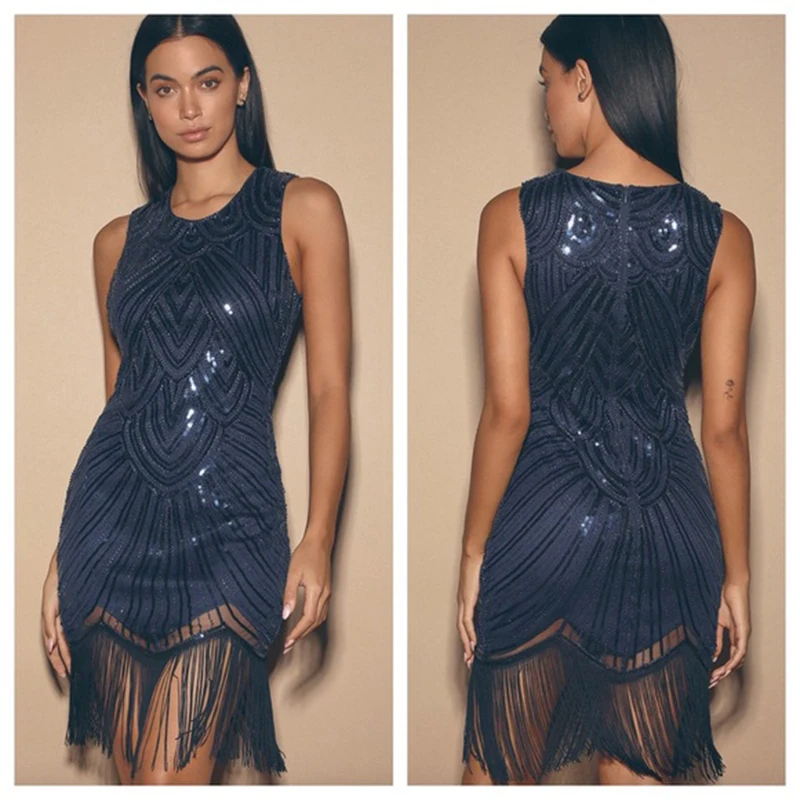 lady Full Glam Navy Blue Sequin Fringe Dress Rounded neckline sleeveless invisible back zipper closure prom night  Dress