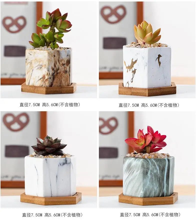 Wholesale Ceramic Wood Grain Marble Grain Succulent Flower Pot With Drainage Hole and Bamboo Saucer