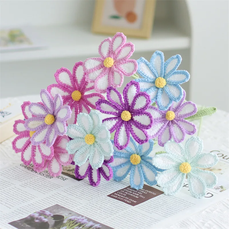 Hot Selling Handmade Yarn Wool Artificial Flower Knitting Colorful Galsang Flowers Crochet Bouquet Knitted Crochet  Flower