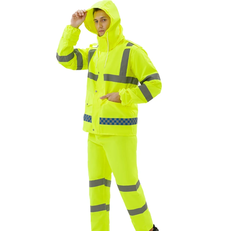 Wholesale Construction Worker Yellow Raincoat Waterproof FR Reflective PU with Oxford Cloth for Adults Industrial Work Camping