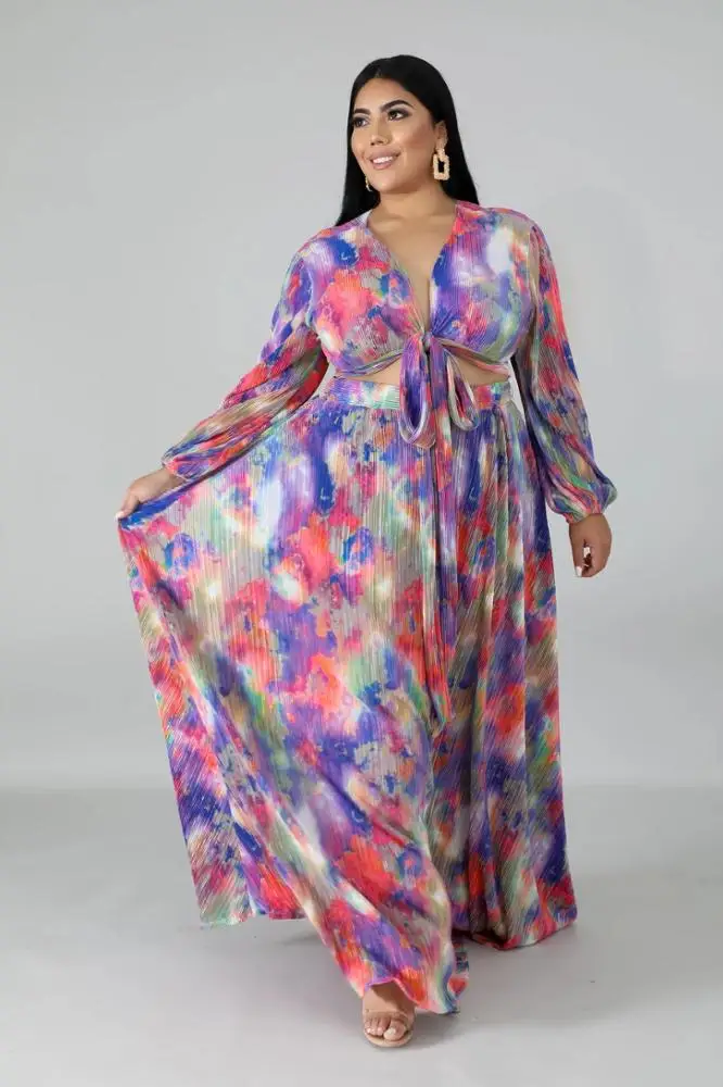 
Wholesale Fashion African Fat Women Plus Size Clothes Tie Dye Two Pieces Skirt Set Big Size 4XL Long Sleeves Dresses 