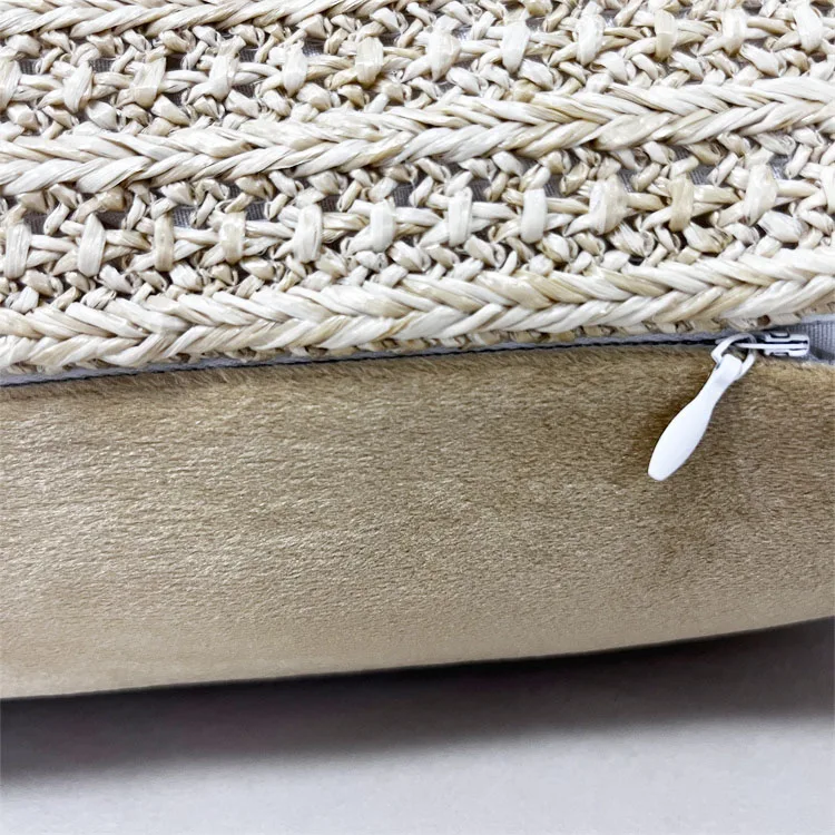 Farmhouse Use Straw Plaited Article Woven Boho Cushion Cover High Grade Handmade Pillow Cover Velvet Back Fabric