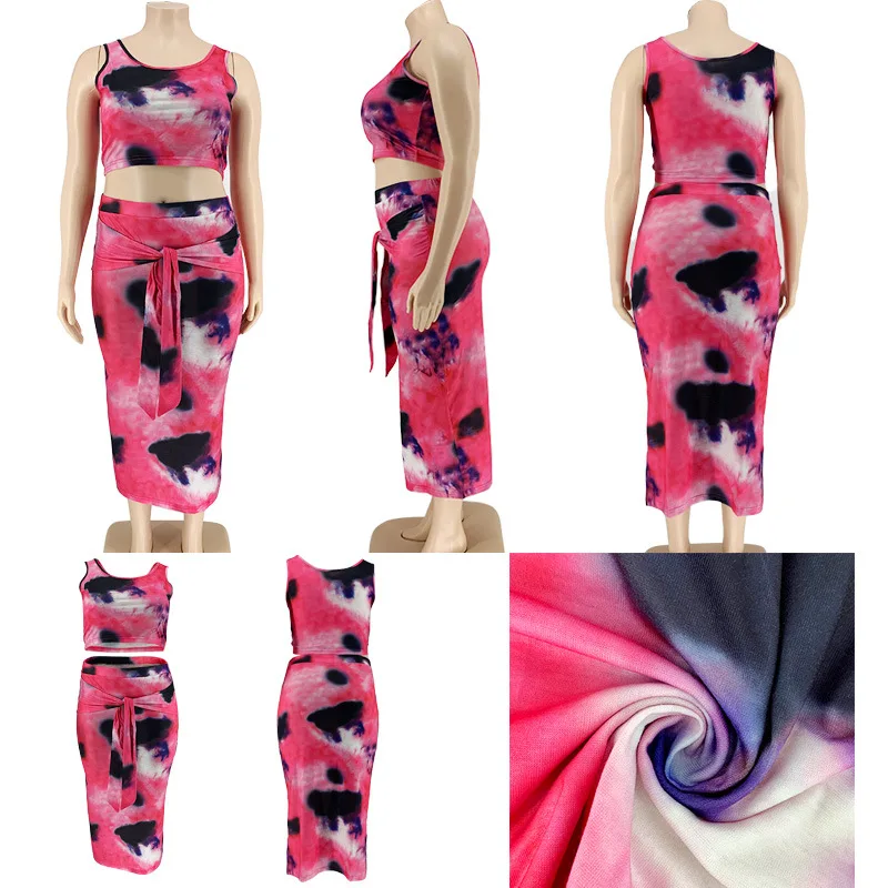 Women Plus Size Boob Tube Sexy Top Dress Hip Lifting Tie-dye Color Two Piece Set Outfits Women Long Maxi Dress