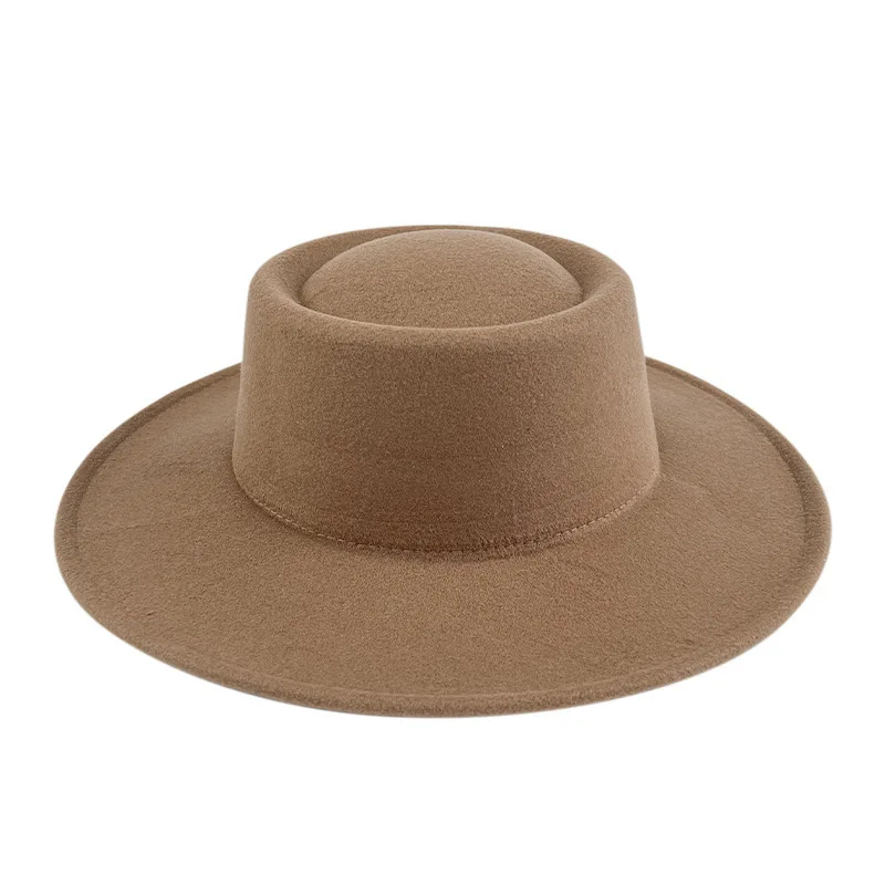 Wholesale new Autumn winter sun protection windproof solid color large brim French fashion jazz tweed felt bucket Hat