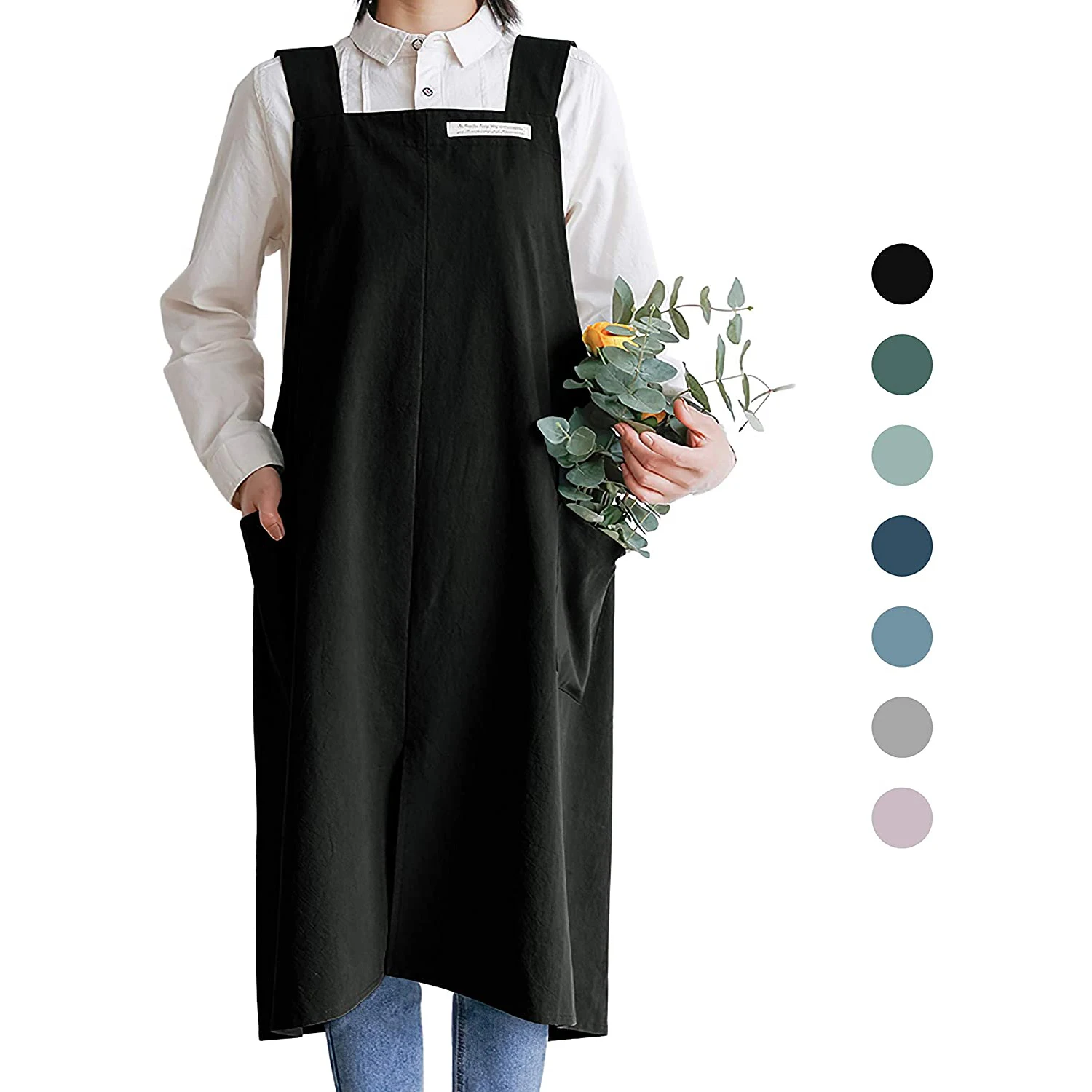 100% Cotton Kitchen Aprons for Women and Men with No Tie Cross-Back Design and Large Side Pockets (Black)