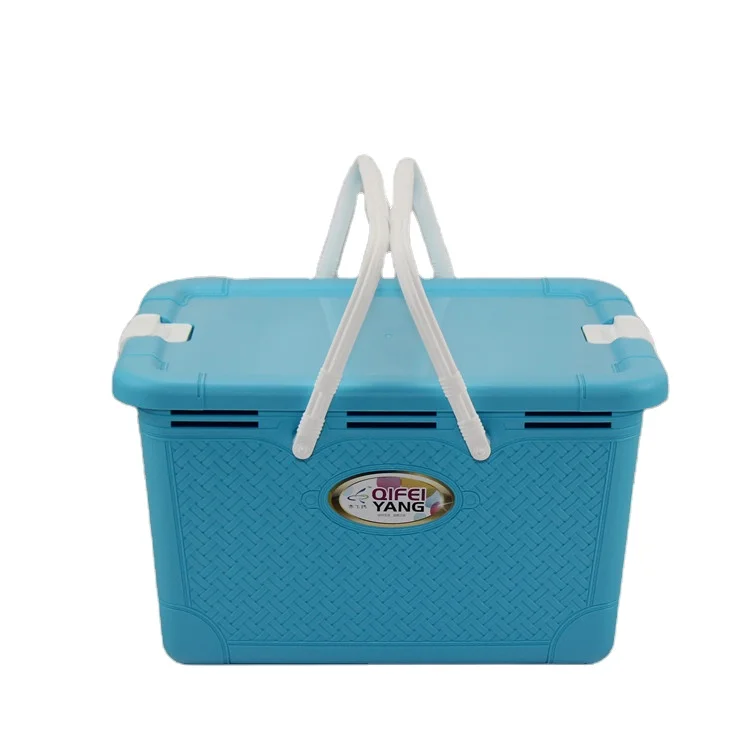 Хит продаж цветная корзина для хранения ручная портативная пластиковая из ротанга с крышкой пряжкой