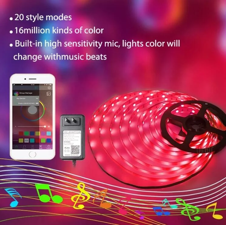 
5050 12 V IR/APP/music/BT sensing intelligent remote flexible RGB non waterproof LED strip lights 