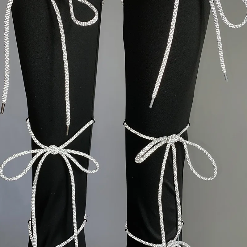 Fashion Ladies High Waist Reflective Ropes Pants Black Flared Bottom Trousers