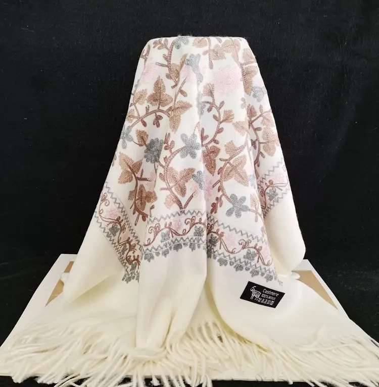 Luxury Ethnic Embroidered Pashmina Shawl Multicolored Hijab with Long Floral Design Fashionable Warm Cashmere Scarf Muslim Women