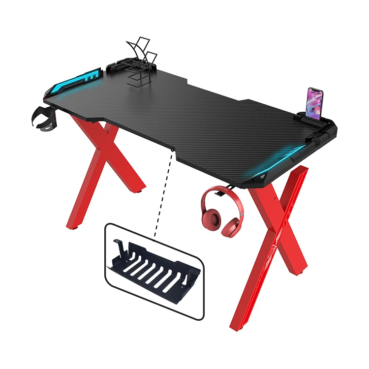 X-Shaped 140cm Red E-sports Gamer Desk With Led Carbon Fiber Desktop Computer Gaming Table Rgb Pc Gaming Desk