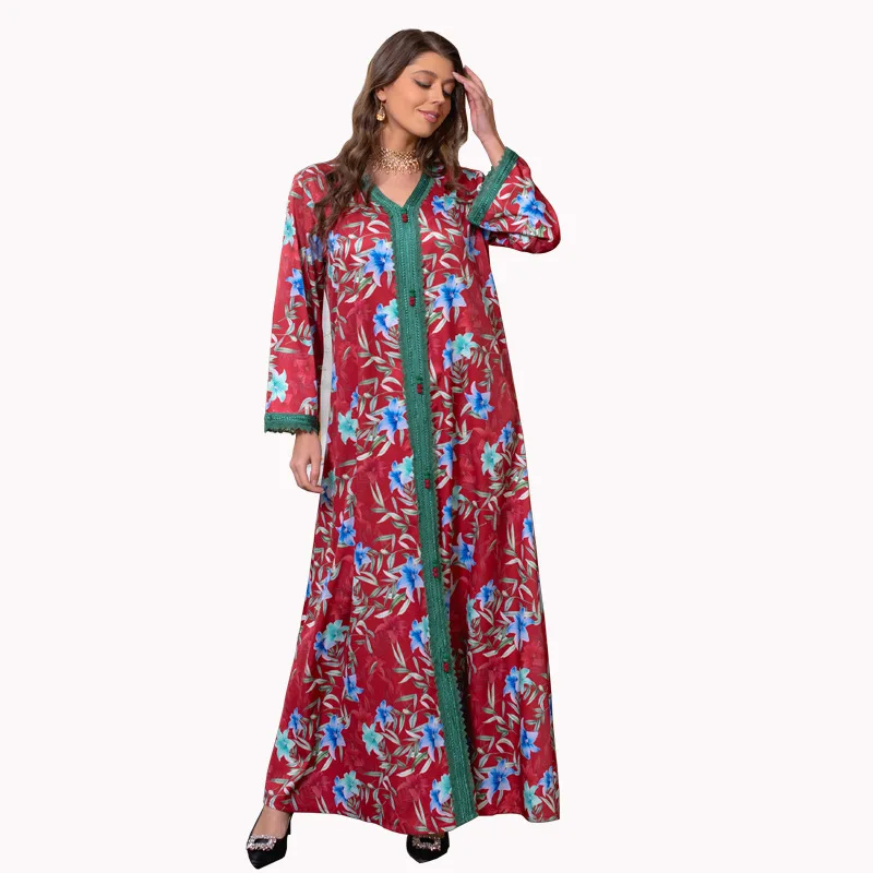 Factory good selling floral long maxi Eid dresses malaysia robe abaya muslim women dress 2023