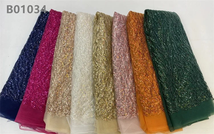 High Selling White Bridal Embroidery Beaded Lace Fabric African Beads Sequin Lace Fabric for Women Dress
