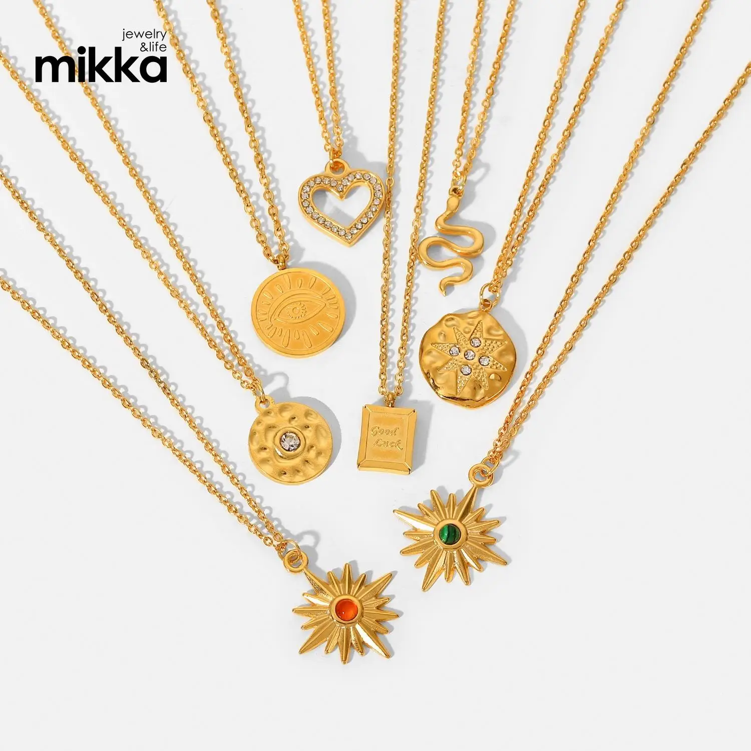 Wholesales Stainless Steel Jewelry 18K Gold Plated Chain Heart Tags Sun Pendant Necklace for Women Gifts