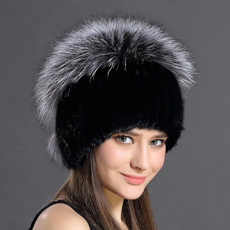 CX-C-35E Mink Fur Knit Beret Hat For Women Winter With Silver Fox Fur Cap