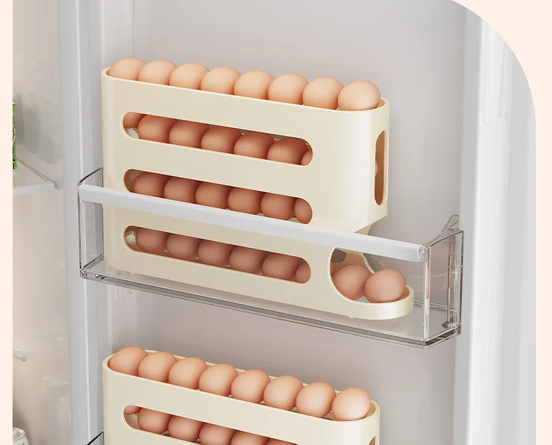 4 Tiers Automatic Refrigerator Egg Holder 30pcs Fresh Eggs Storage Container Box Large Capacity Rolling Egg Rack Dispenser
