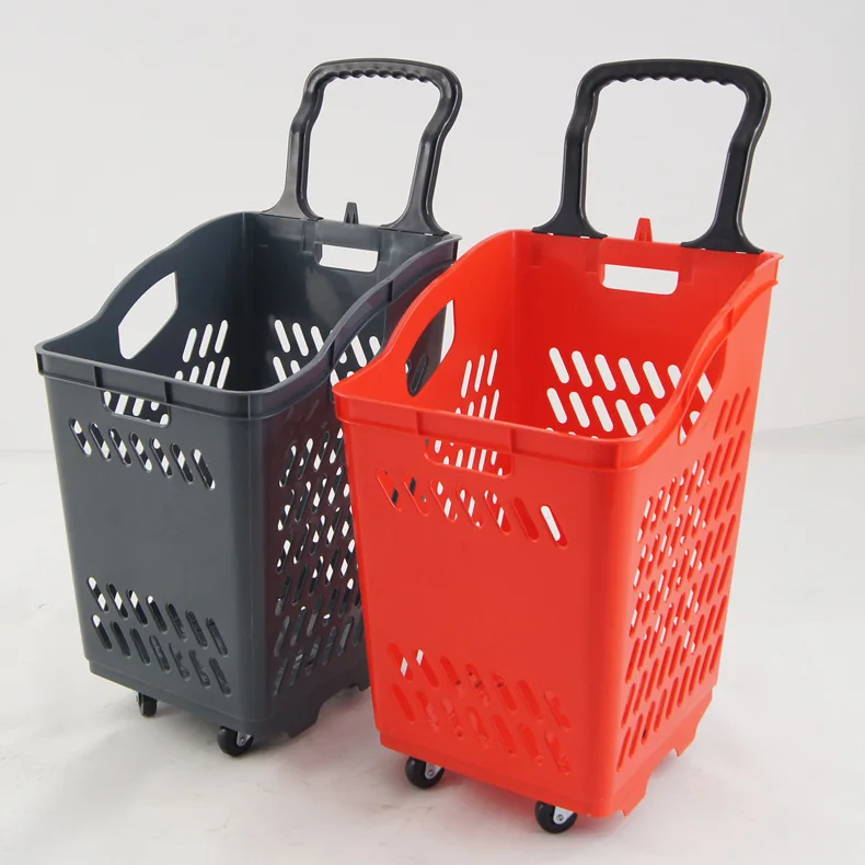 Meicheng Good Quality Pull Rod Supermarket Plastic Shopping Baskets With Wheels For Retail Stores