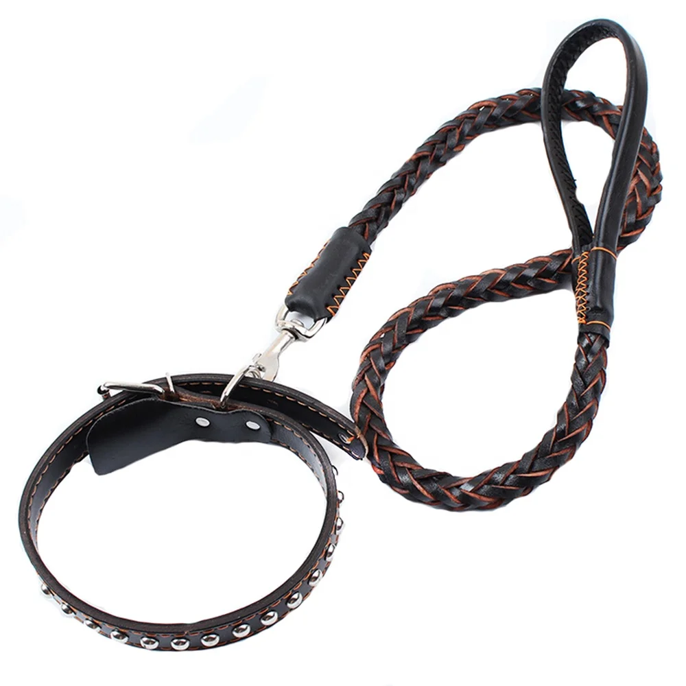 High Quality Durable Genuine Leather Leads Large Dog Collars and Leashes