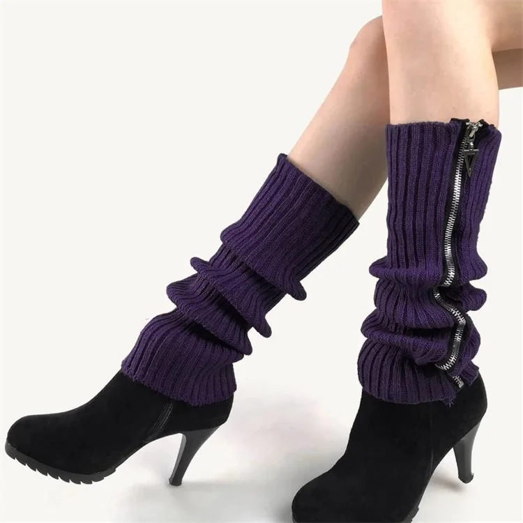 Hot Sell Leg Warmers Heavy Ribbed Knitted Leg Warmers Girls Gothic Punk Style Brown Side Zipper Leg Warmers