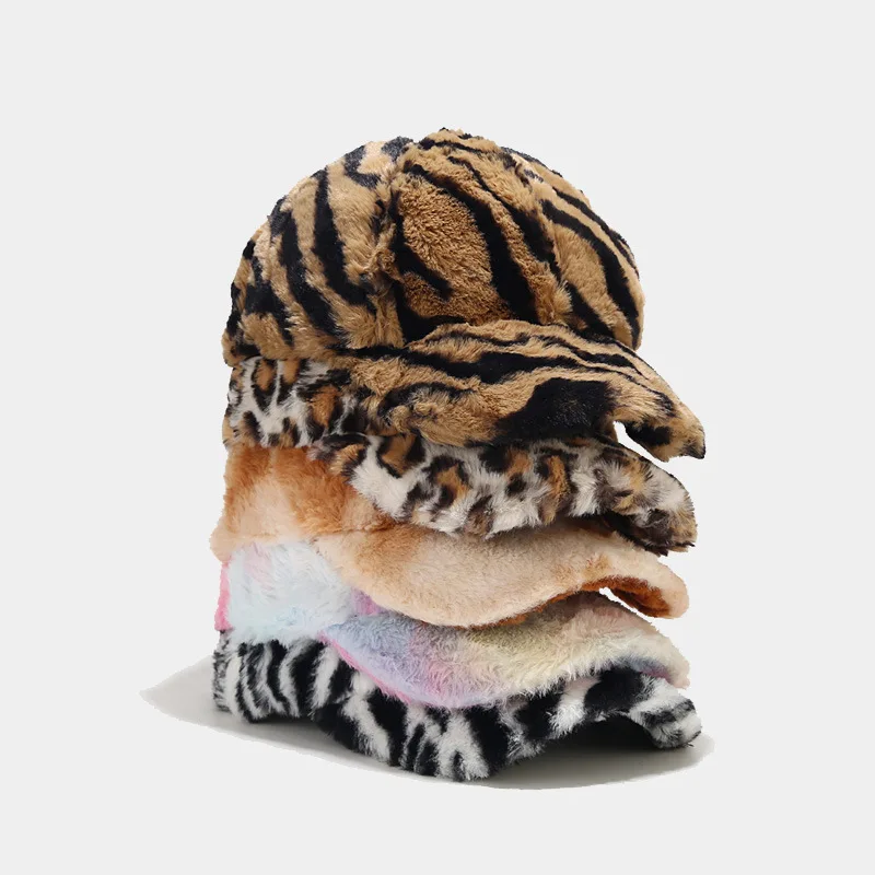 Wholesale Trendy Women Lady Winter Hat Warm Fashion Leopard Zebra Tie Dyed Baseball Cap Gorras Plush Furry Sports Cap