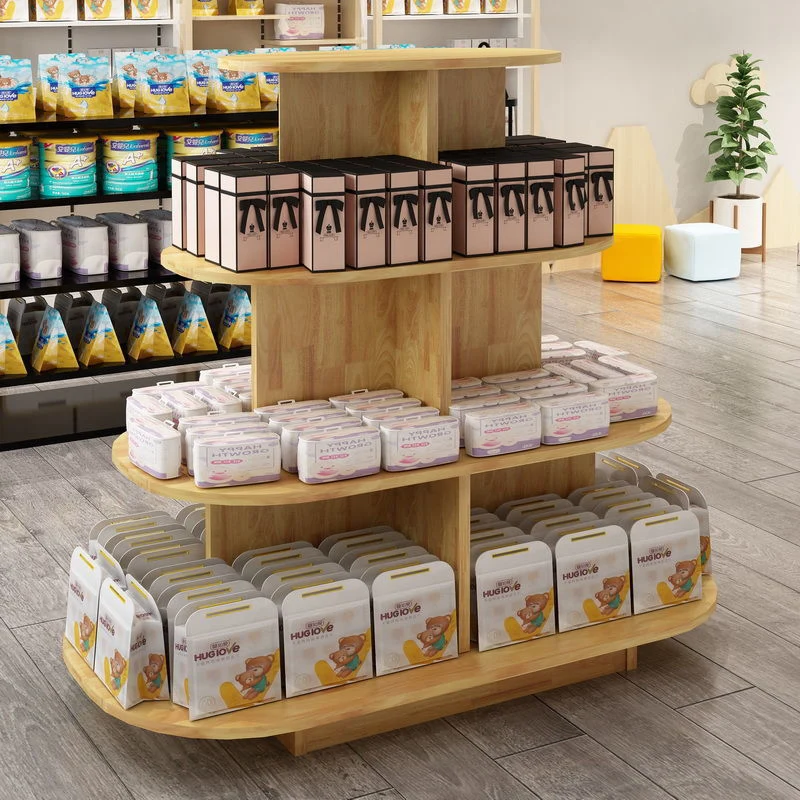 wooden rubber wood plank commercial shopping mall display stands retail cosmetic store display racks with accessaries