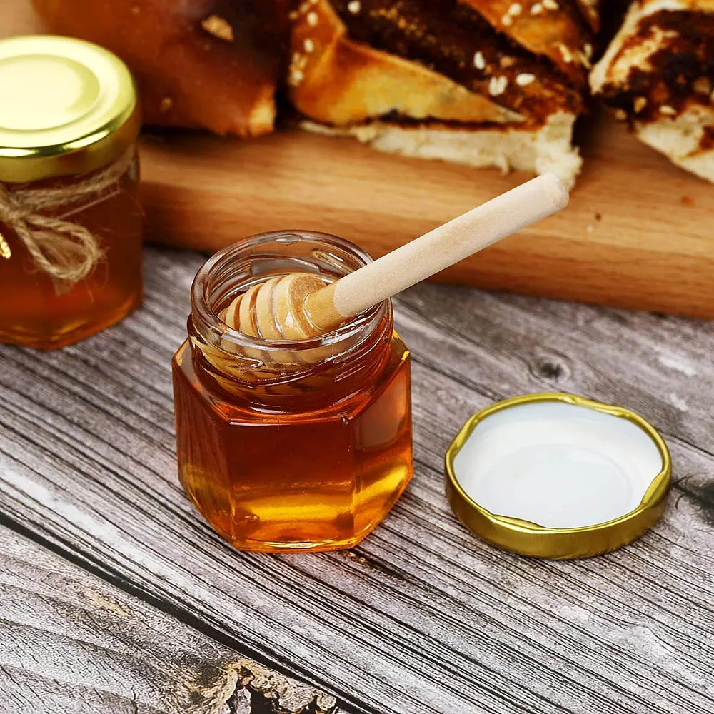 Hexagonal Mini Glass Jar For Honey With Wooden Dipper And Golden Metal Lids