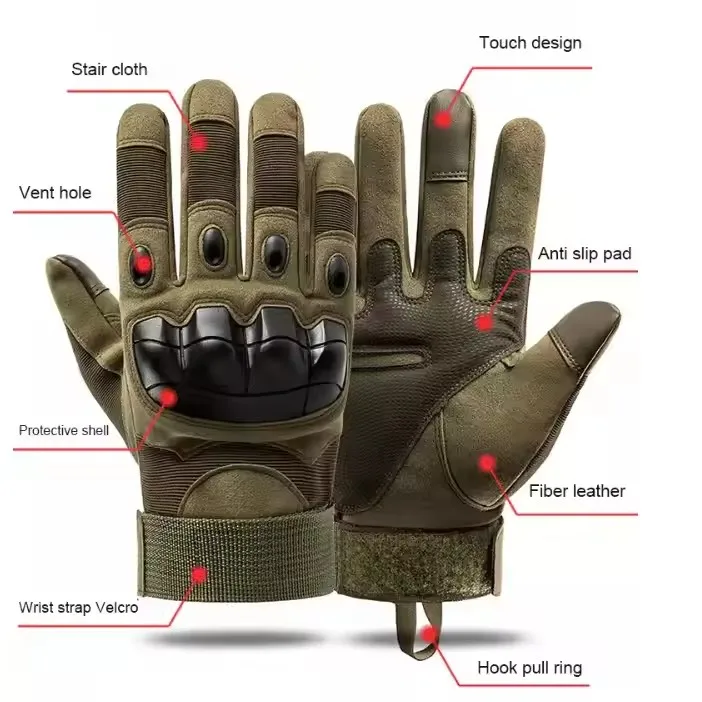 Green Tan Breathable Full-Finger Tactical Gloves Training Defense Cycling Gloves Touch Screen Adjustable Sports Protective